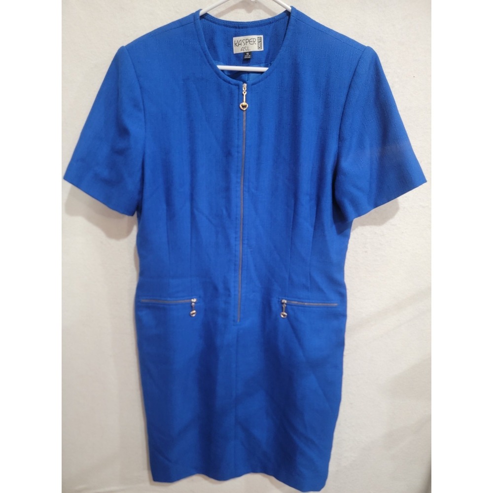 Kasper ASL Blue Dress 16 Short Sleeve Zip Pocket Career Workwear Mod Y2K Vintage